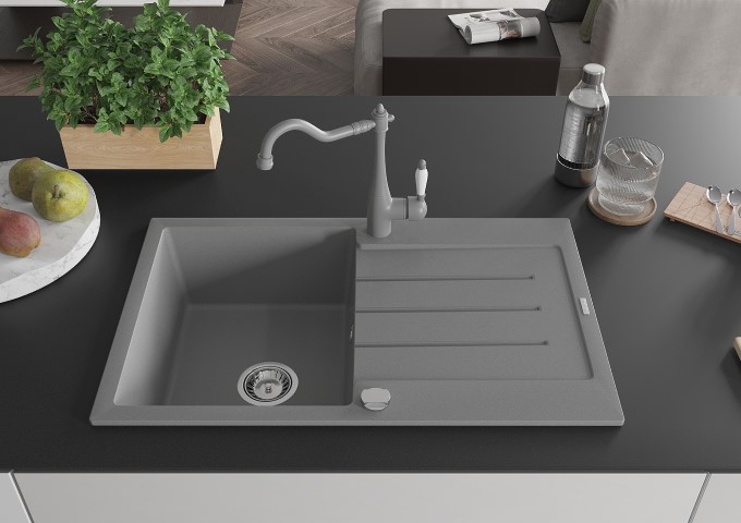 Pilkios vienkompės granito kriauklės