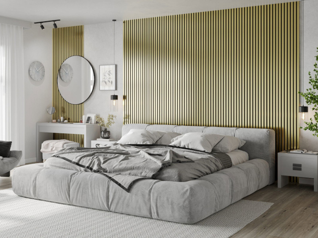 Auksiniai sieniniai lameliai miegamajame