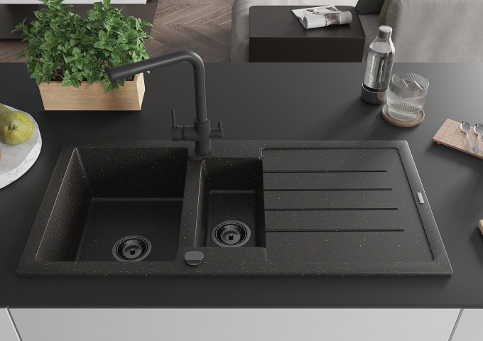 Juodieji stovimi krepsatės virtuvinės kriauklės maišytuvai