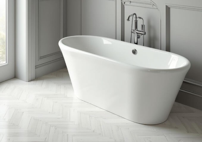 Pilkos vinilinės lentos eglutės raštu vonioje