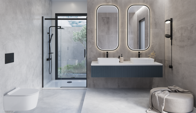 Moderni vonia su dviem pastatomais praustuvais