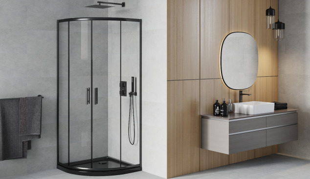 Juoda pusapvalė kabina minimalistiniu stiliumi