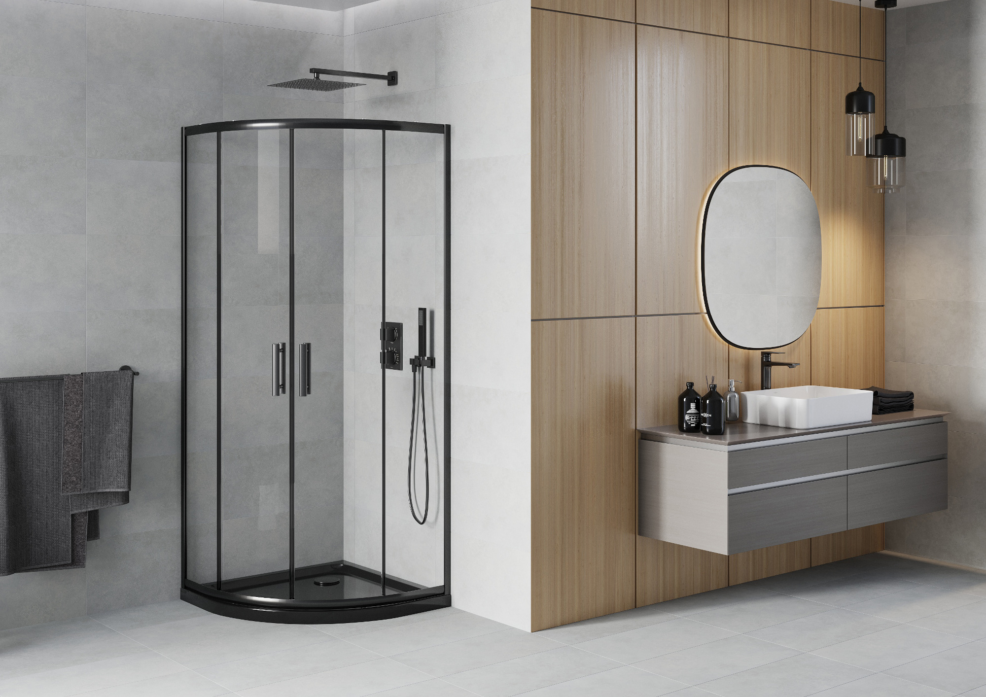 Juoda pusapvalė kabina minimalistiniu stiliumi