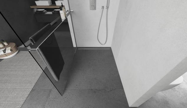 Dušo sienelė su lentyna moderniame stiliuje