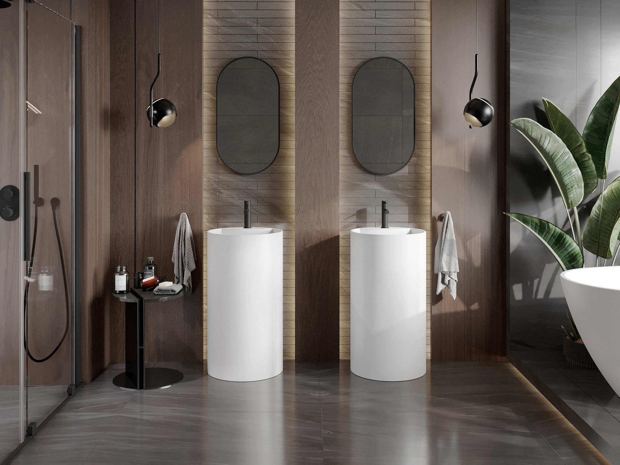 Mediniai priedai boho stiliaus vonioje