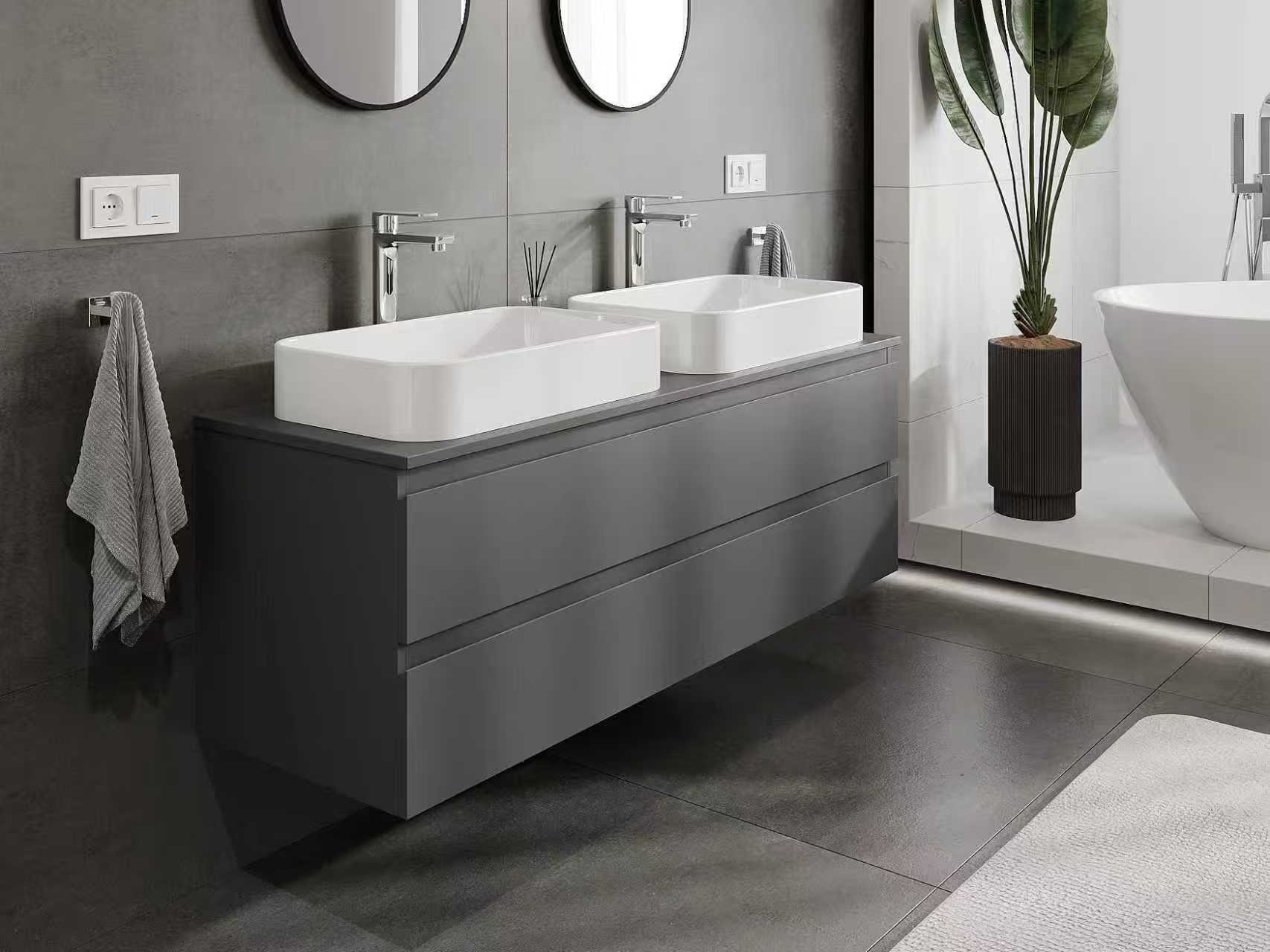 Antracito vonios kambario spintelė su dviem praustuvais